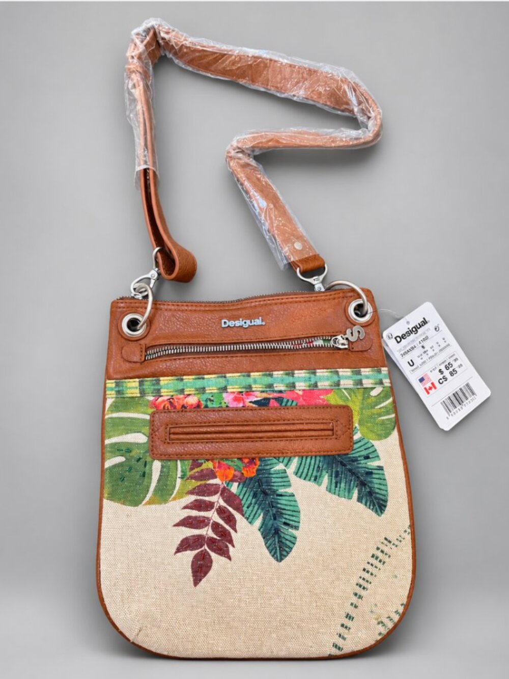 Desigual Tropical Fly Crossbody Bag NWT Toucan Bird Floral Canvas Brown Boho